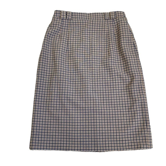 Vintage 80s Plaid Wool Blend Pencil Midi Skirt Tan/Blue Academia Preppy Sz XS - Picture 11 of 15